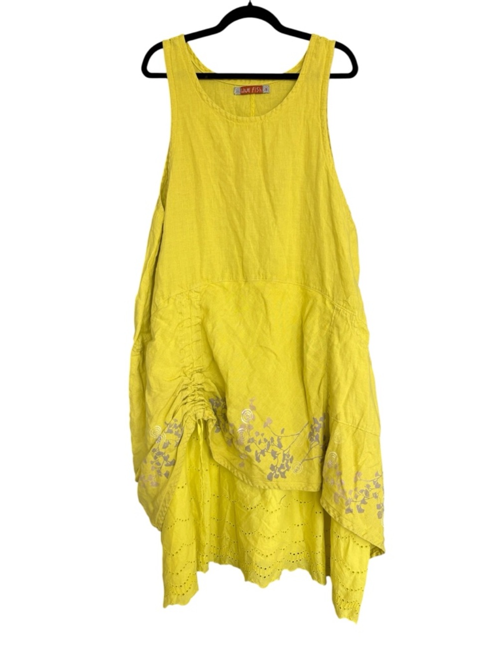Blue Fish Bright Yellow Linen Blend Tunic Dress Artsy Boho Lagenlook Pockets
